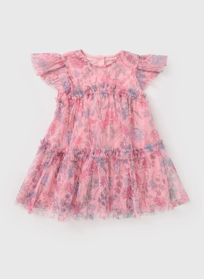 Matalan Girls Pink Floral Print Mesh Dress